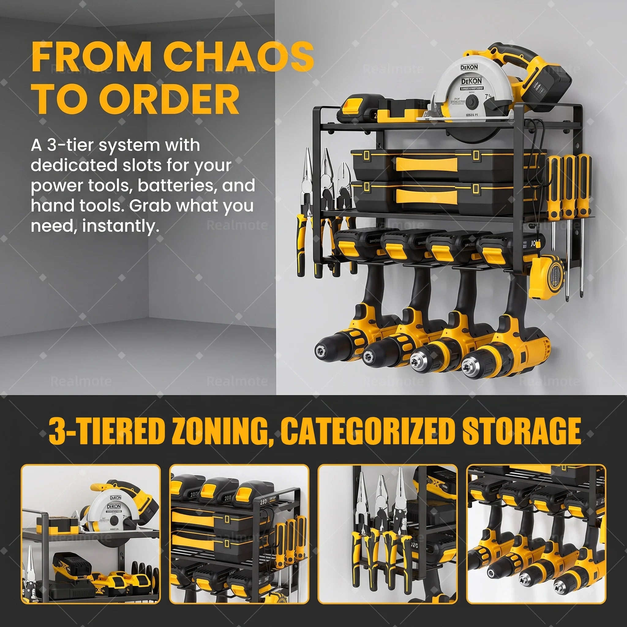 100lb Heavy Duty Wall Mounted Power Tool Organizer Rack, Alloy Steel Drill Stand Garage Storage Shelf for Workshop Shed