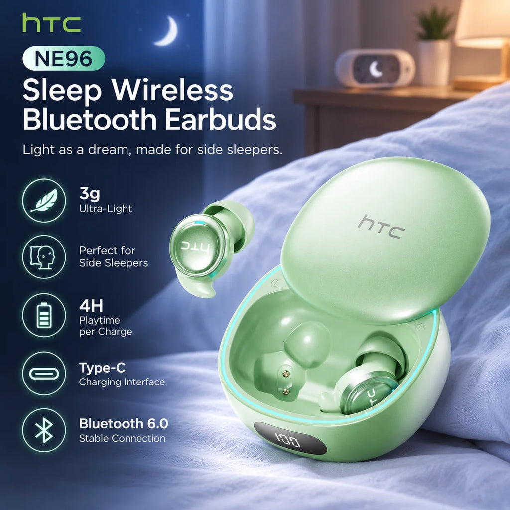 HTC NE96 Wireless Headphones Low Latency Bluetooth Earphones 3g Ultra-Lightweight Soft Sleep Friendly TWS Sports In-Ear Earbuds