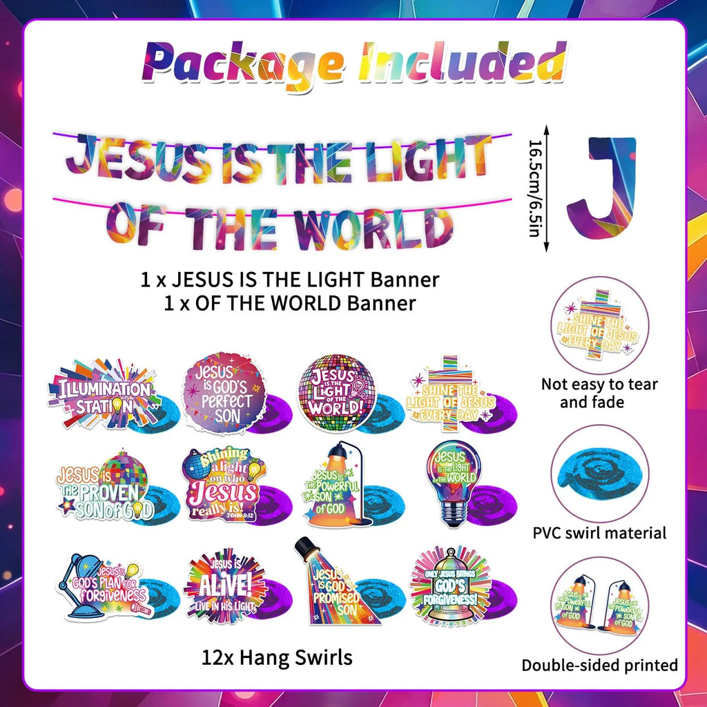 VBS 2026 Decorations Banner The Light of The World Christian Hanging Swirls Religious Sunday Vacation Bible School Church Party