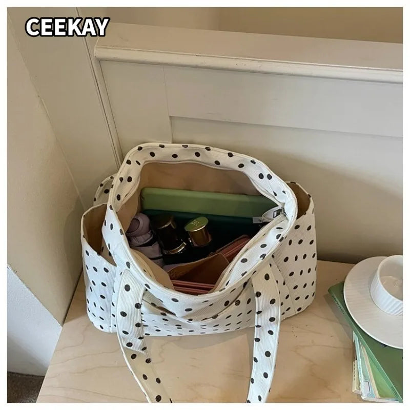 CEEKAY Small Dot Soft Canvas Hobo Bag Rectangular Open Top Multi Compartment Lightweight Ladies Casual Daily Hand Tote Purse
