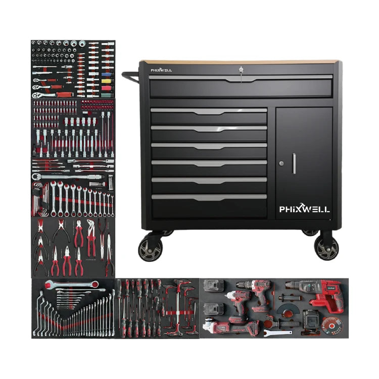 PHIXWELL New Workshop Garage Tool Storage Cabinet Trolley Chest Cart, Tool Sets Tray with Wooden Top Car Repair Tools Kit