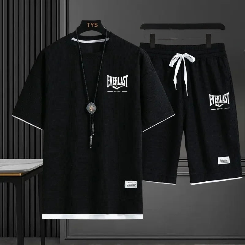 EVERLAST New Summer Men's Daily Casual Breathable Comfortable Loose Sports Set Fashion Brand Men's Waffle Top+Shorts 2-piece Set