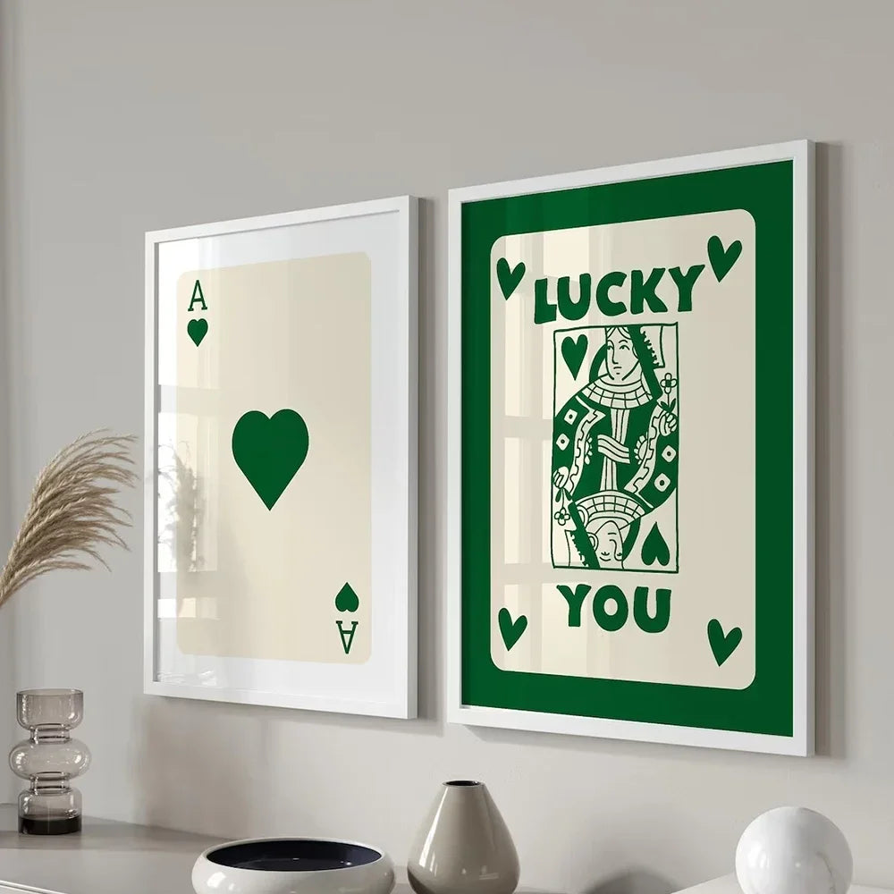 Trendy Retro Aesthetic Green Pink Black Ace Card Lucky You Funny Art Wall Art Canvas Painting Posters For Living Room Home De