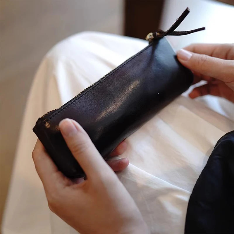 Simple leather pencil bag men and women large capacity high school students stationery bag makeup brush sub pen bag