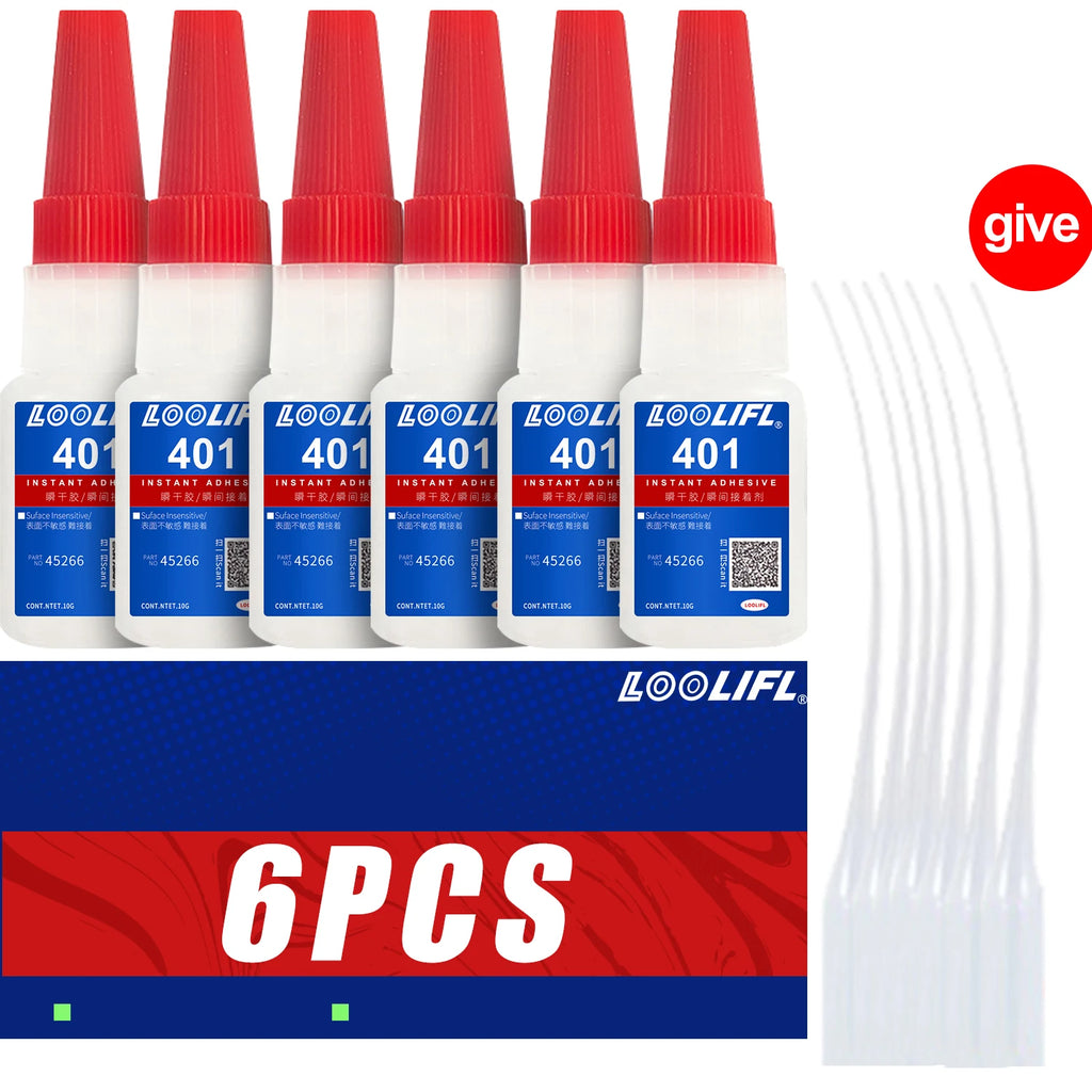 6PCS 401 Super Glue Instant Quick-drying Cyanoacrylate Adhesive Leather Rubber Glass Wood Metal Strong Bond Liquid Glue Tool 10g