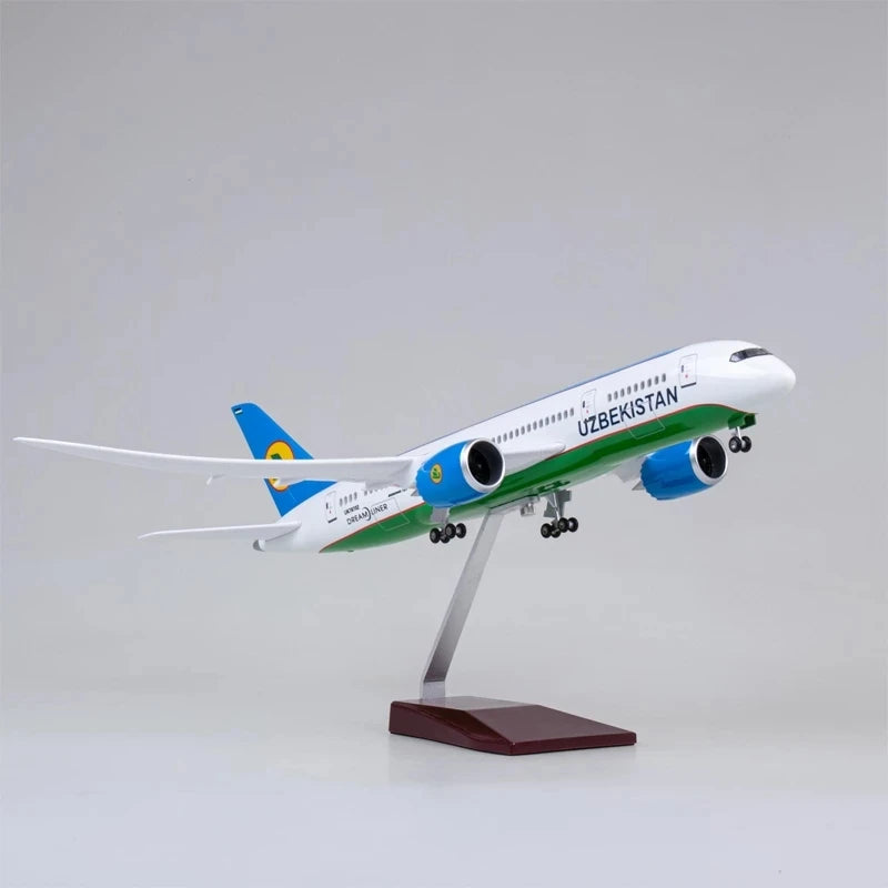 43cm Uzbekistan Airways B787 Aircraft Diecast 1/130 Scale Plane Child Toy With Lights & Wheels Miniature Airplane Aviation Gifts