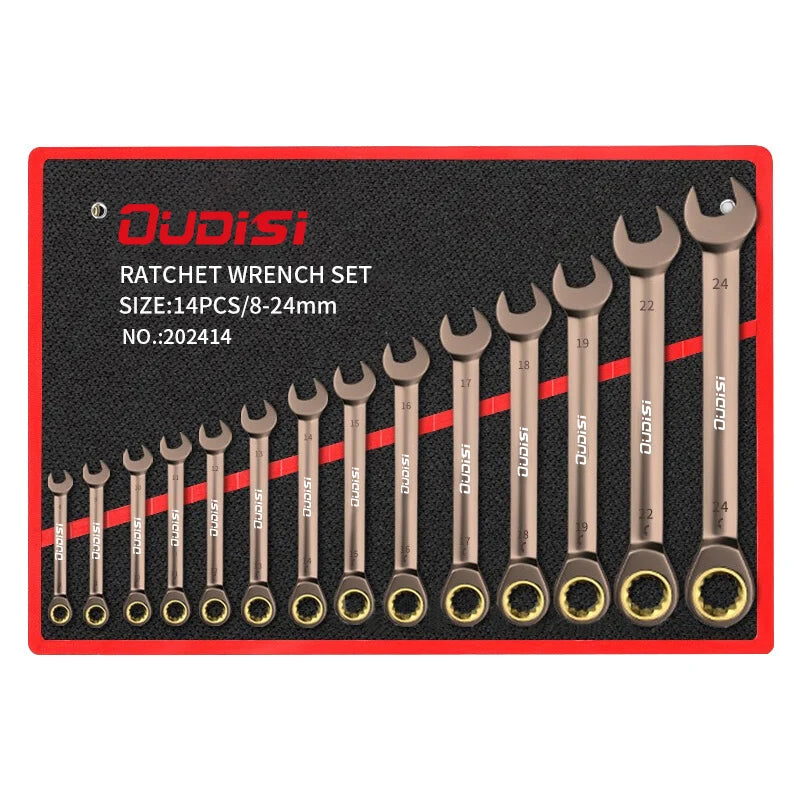 Versatile 6-14pc Carbon Steel Ratchet Wrench Set with Multi-Angle Head, Quick Precision 72-Tooth Mechanism, 180° Swing