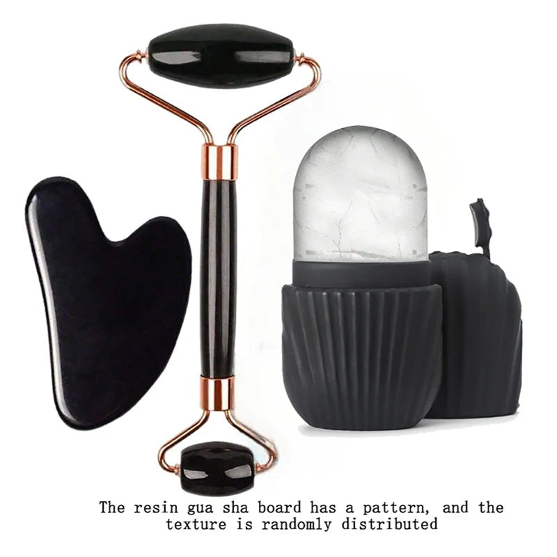 4-piece facial massage tool set, including roller massager, ice bead roller and scraping board, with a toiletry bag