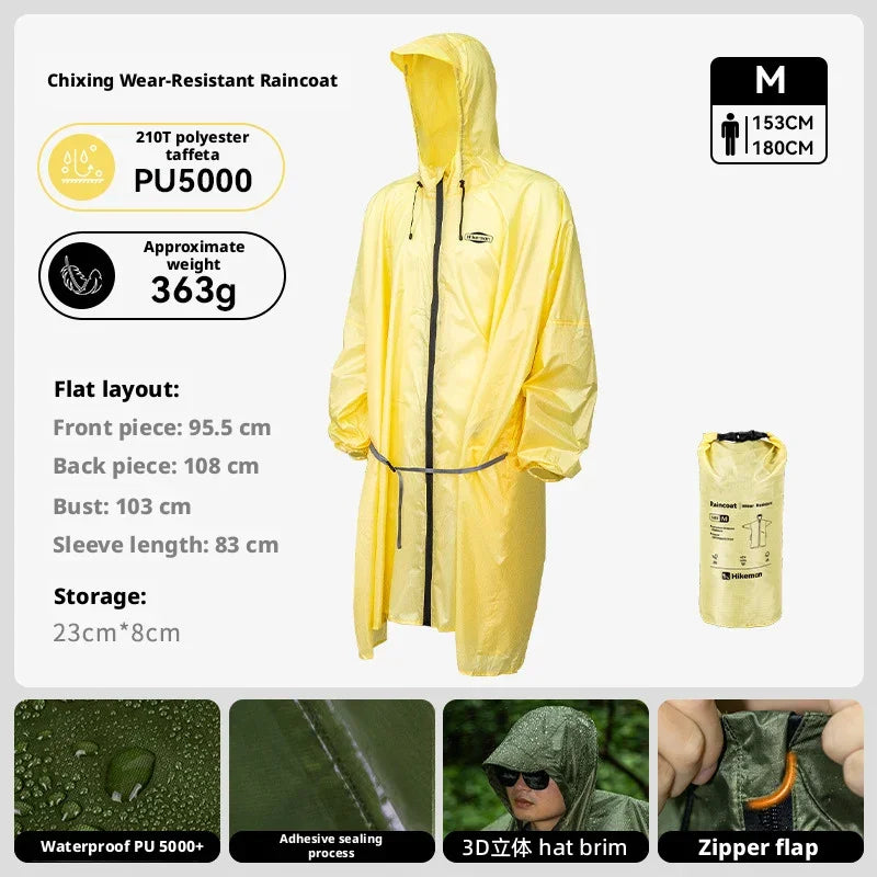 Lightweight Long Outdoor Raincoat PU5000 Waterproof 210T Polyester Poncho Adjustable Hood Fits Backpack Hiking Camping Fishing