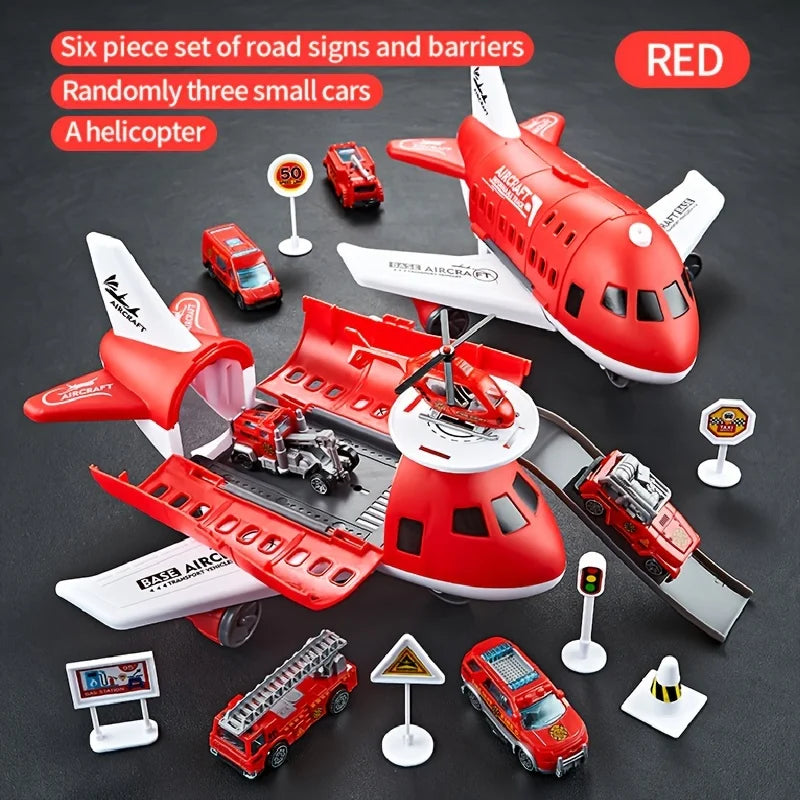 Children's Airplane Car Toy, Inertial Airplane Model, Equipped with 6 Road Signs Random 3 Cars 1 Helicopter, Christmas Gift