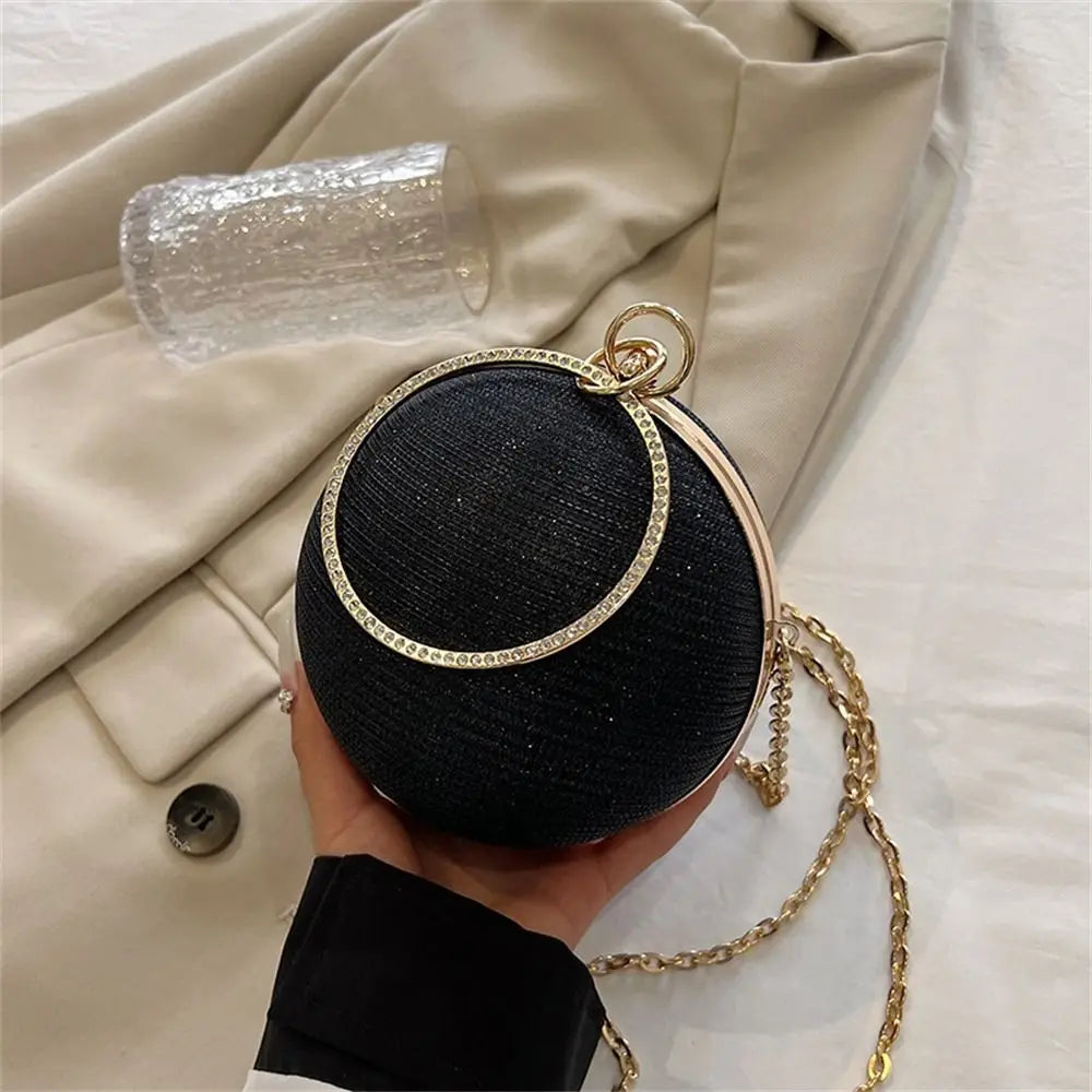 Luxury Circular Evening Bag Gold Bright Silk Rhinestone Decorative Chain Banquet Clutch Handbags Women Female