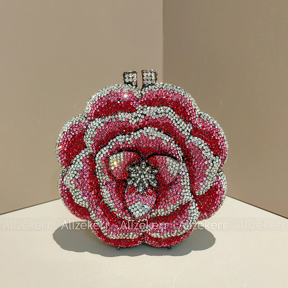 Alizekerr Rose Shaped Crystal Evening Bags Women Gorgeous Boutique Diamond Metal Clutch Purses And Handbags Bridal Wedding Party