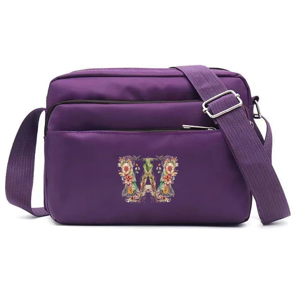 Leisure Purple One Shoulder Crossbody Bag Portable Commuting Large Capacity Floral Letter Series Printing Pattern Storage Bag