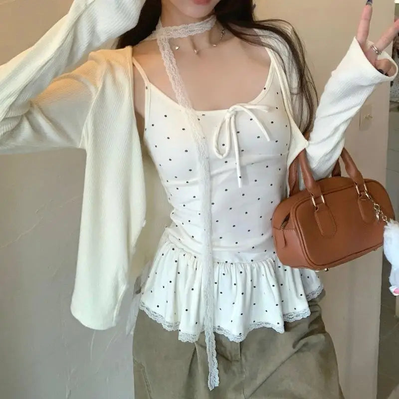 1Pc Women Clothing Summer Fashion Casual Polka Dot Solid Color Sling Ladies Fashionable Appear Thin Slim Young Style Tops