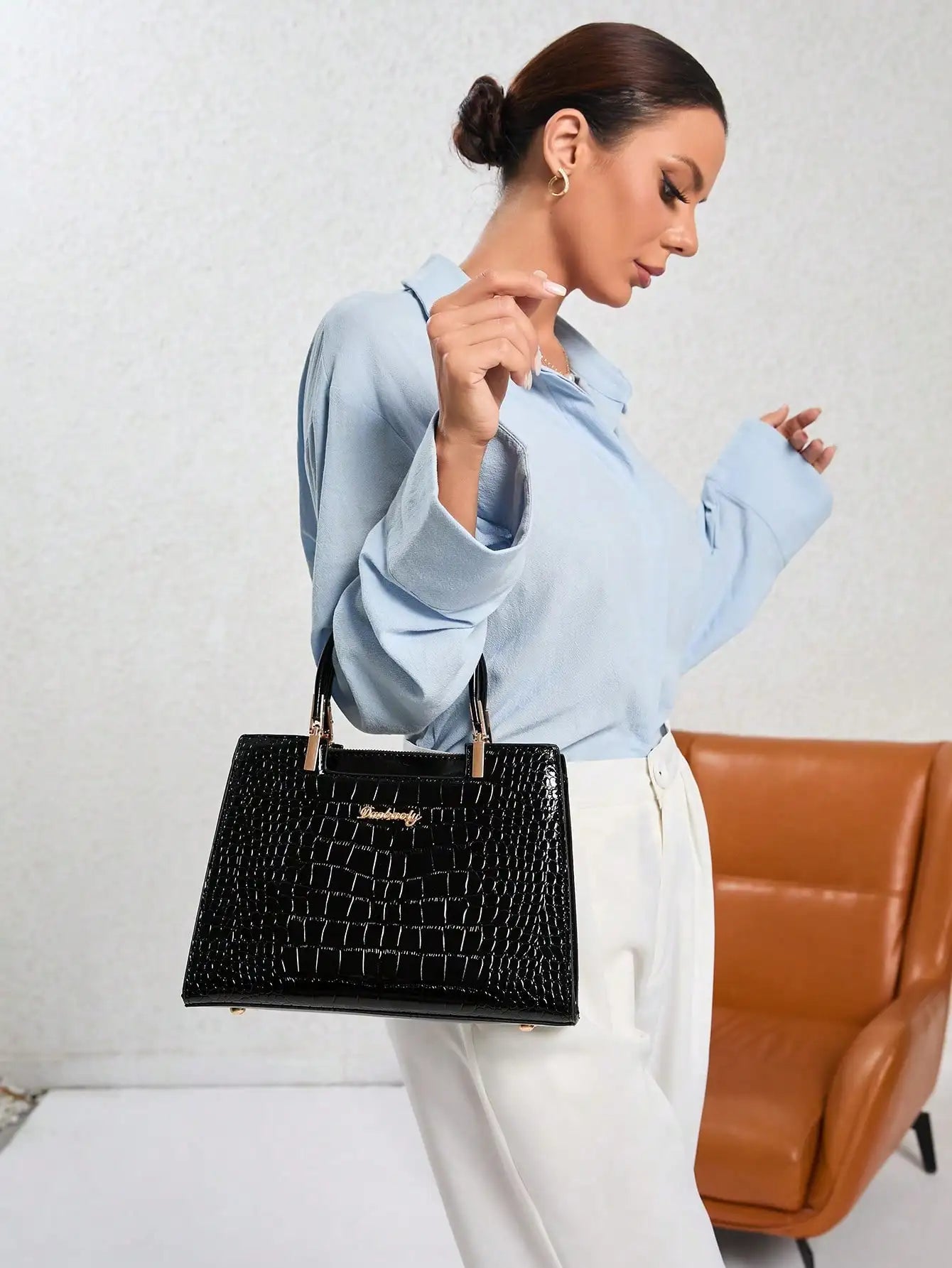 Elegant Crocodile Pattern Shiny Leather Crossbody & Top Handle Handbags, Luxury Business Casual Women Bags, Fashion Office Shoulder Bag, Creative Moth