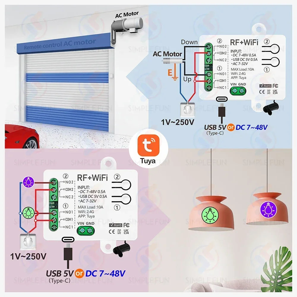 WiFi RF Remote Control Smart Light Switch 2 CH Tuya,USB 5V DC 12V 24V 48V,1-250V Dry Contact Relay,work with Alexa Google Home