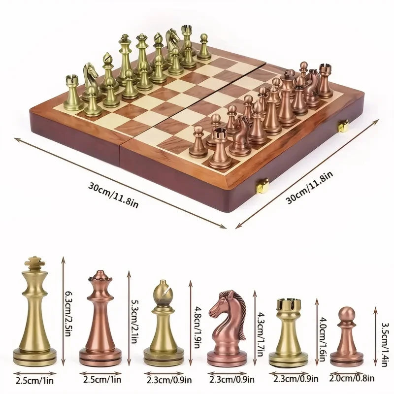 High end chess set 30cm/11.8inch antique bronze foldable solid wood box alloy weighted chess pieces Christmas holiday gift
