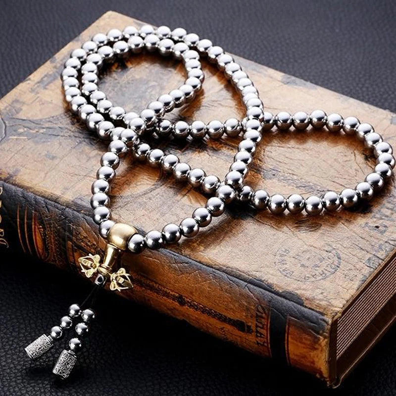 Stainless Steel Jewelry Male Bracelet Braided Link Buddha Beads Necklace Waist Chain Tactical Self Defense Whip Multi-fonction