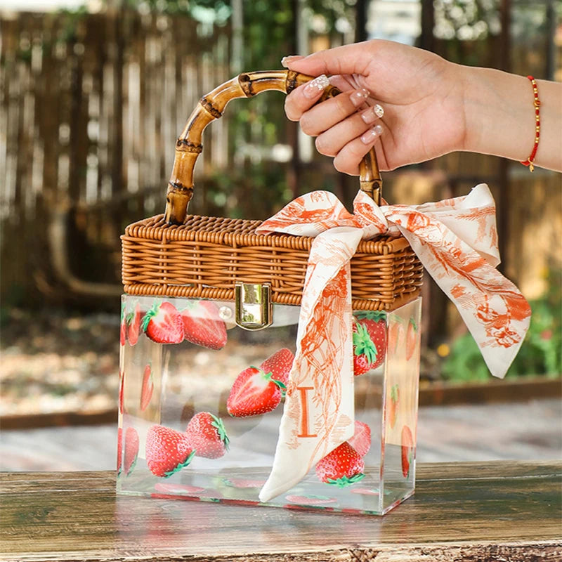BEACH Summer Transparent Acrylic Box Printing Square Bag Bamboo Woven Handmade handle Gift Box Handbag Women Holiday Vacation