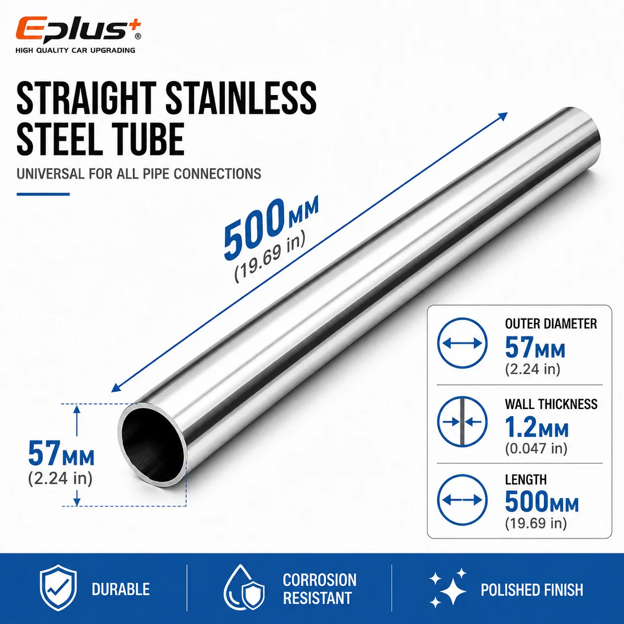 500mm Length 304 Stainless Steel Straight Pipe 1.2mm Thick Universal Round Tube OD 19-89mm for Connections metal tube Adapter