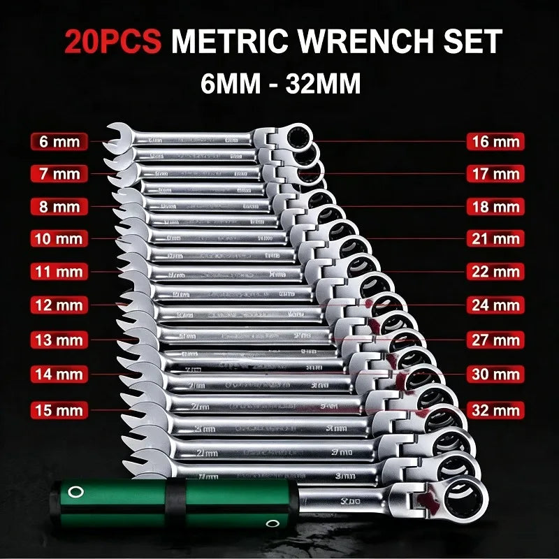 Ratchet Combination Wrench Set 6-32mm Gear Ring Ratcheting Combination Wrench Kit Metric Flexible Head with Canvas Bag Tools Set