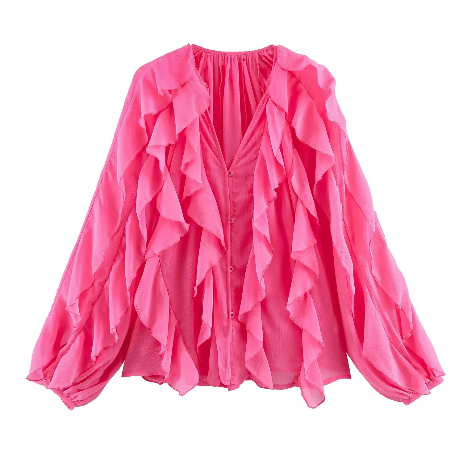 2026 Summer Chic Women's Elegant Loose Long Sleeve Layered Shirts Office Lady Vintage V-neck Translucent Tierred Ruffles Blouses
