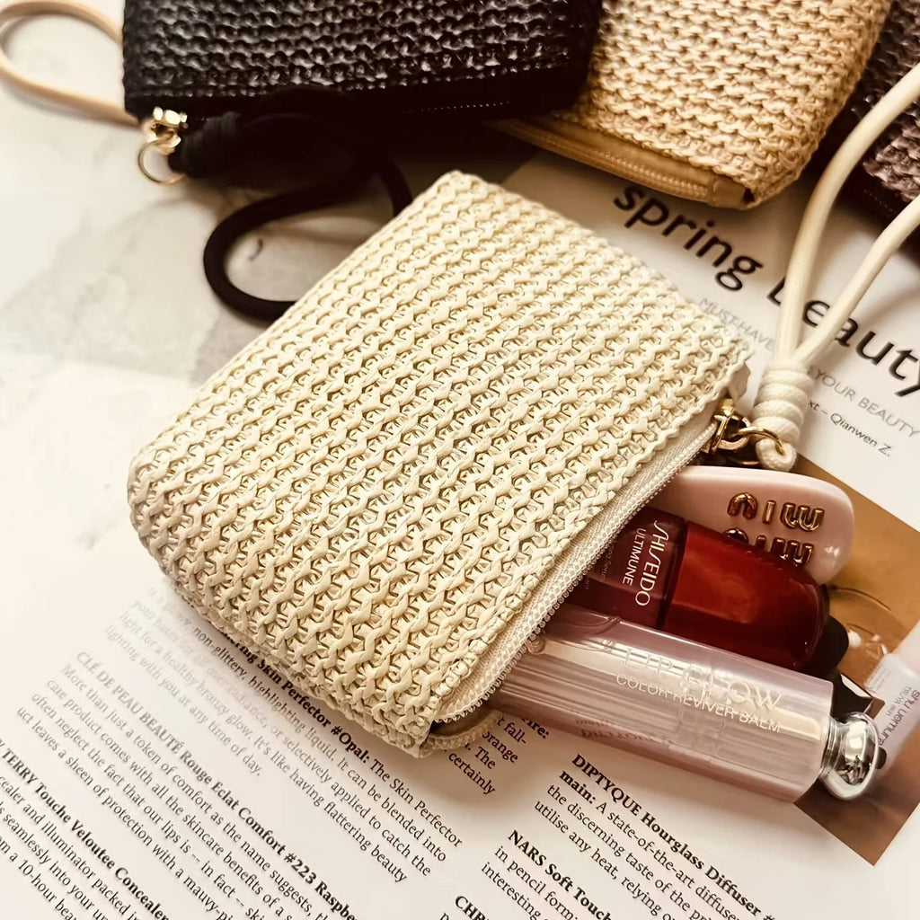 Summer Straw Key Coin Storage Purse,mini Zippered Card Holder,portable Wrist Bag Wallet Clutch Pouch,Beach Vacation Straw Bag