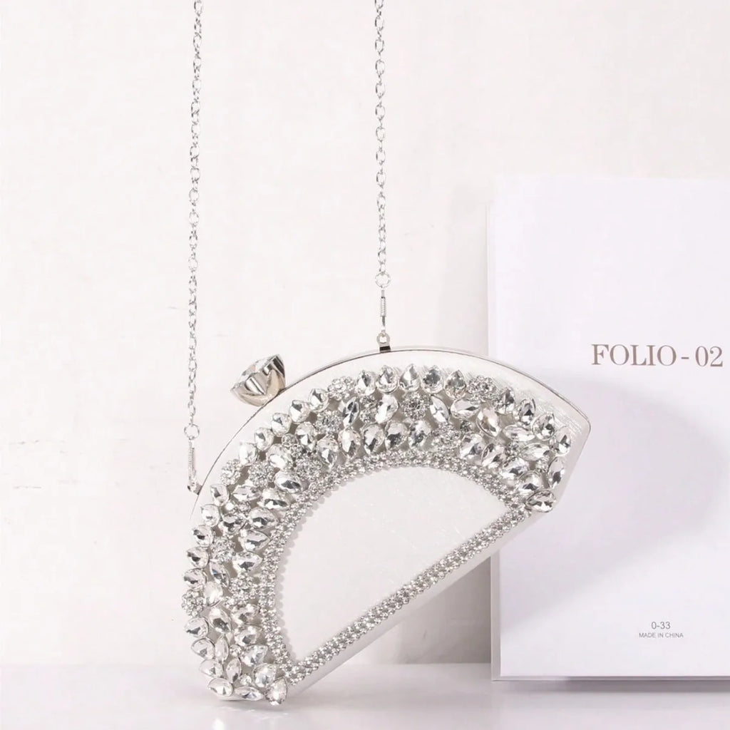 Luxury Collection Four Elegant Semi Circular Handbags in Black Pink Silver Sparkling with Golden Accents Colorful Gems