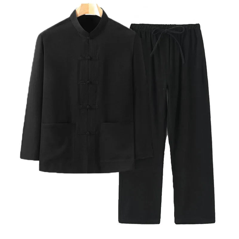 2026 New Men's Cotton Linen Tangzhuang Set Traditional Chinese Long Sleeve Suit Retro Ethnic Loose Tai Chi Clothing