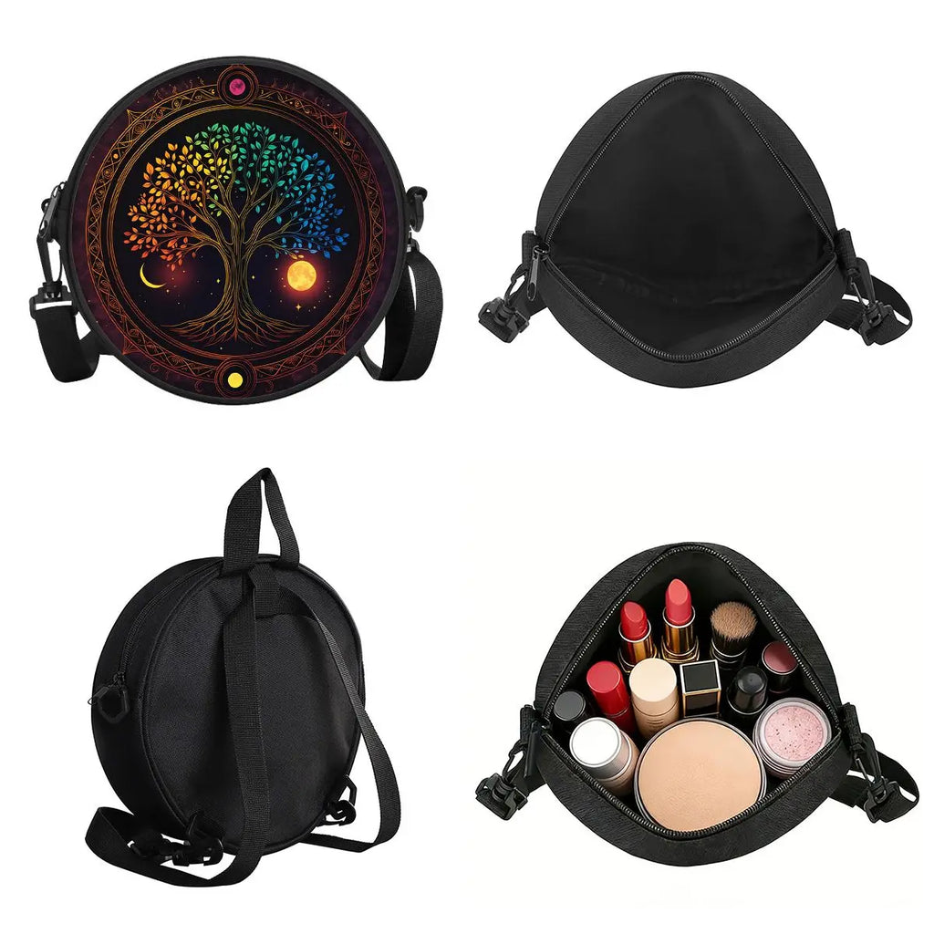 Tree of Life Print Round Shoulder Bag Casual Messenger Bag Daily Adjustable Strap Crossbody Bag for Woman Best Gifts 2D Flat