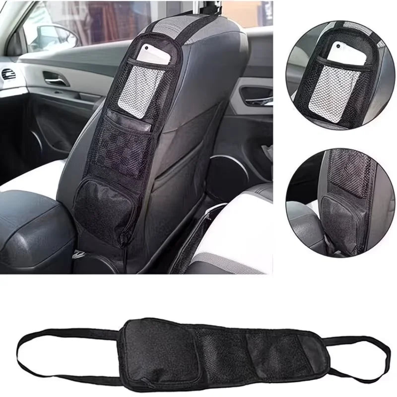 Black car seat storage bag, multi-pocket space - fabric suspended rear seat accessory with grid pockets