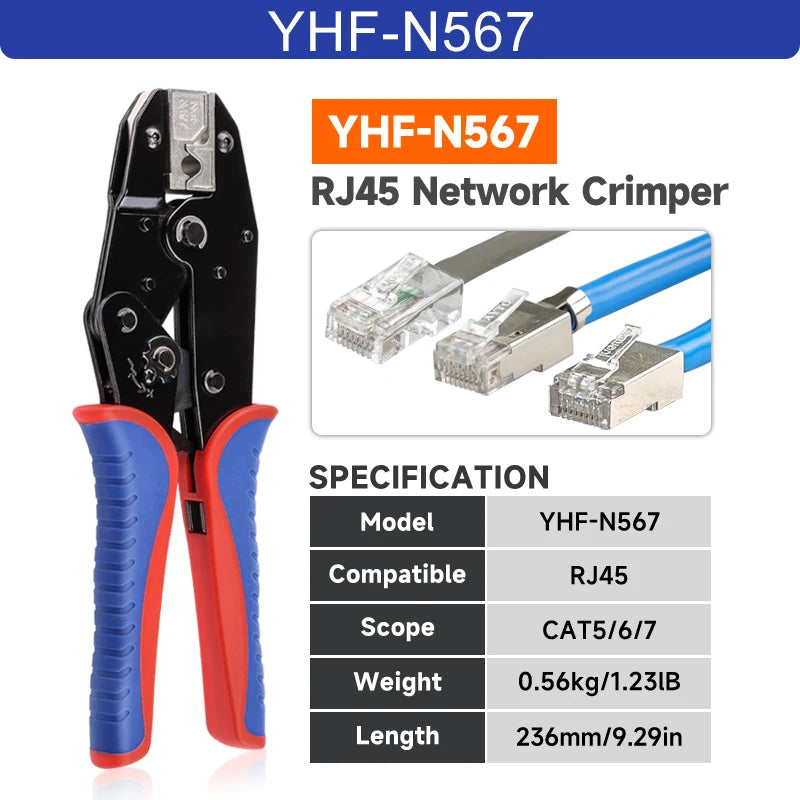 RJ45 Crimping Tool for Cat5/Cat6/Cat7 Ethernet Cables YHF-N567 Pliers Ratcheting for Precise Effortless Network Cable Crimping
