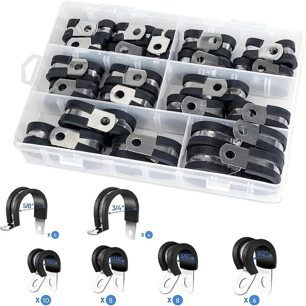 42PCS Cable Clamp Kit - Rubber Gasket 304 Stainless Steel Hose Clamp Ring Clamp, 6 Sizes (42PCS 1/4-5/16-3/8-1/2-5/8-3/4 Inch)