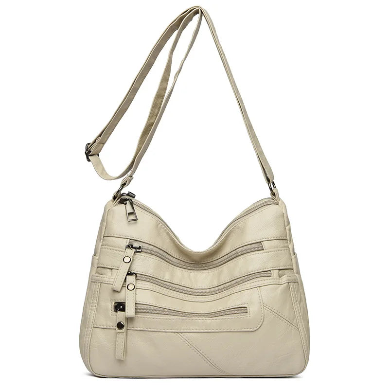 Washed Soft Leather Crossbody Bag for Women Double Layer Large Capacity Shoulder Box Bag Elegant Everyday Purse