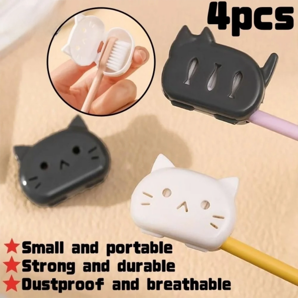 4Pcs Plastic Cat Toothbrush Protective Covers Portable Cat Shape Toothbrush Head Case Dustproof Head Germproof