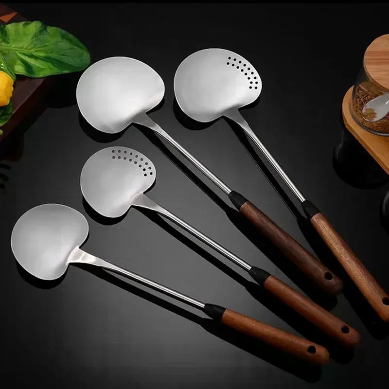 1Pcs Stainless Steel Turner With Wooden Handle Heat-Resistant Long Handle Soup Ladle Spatula Kitchen Cooking Utensils