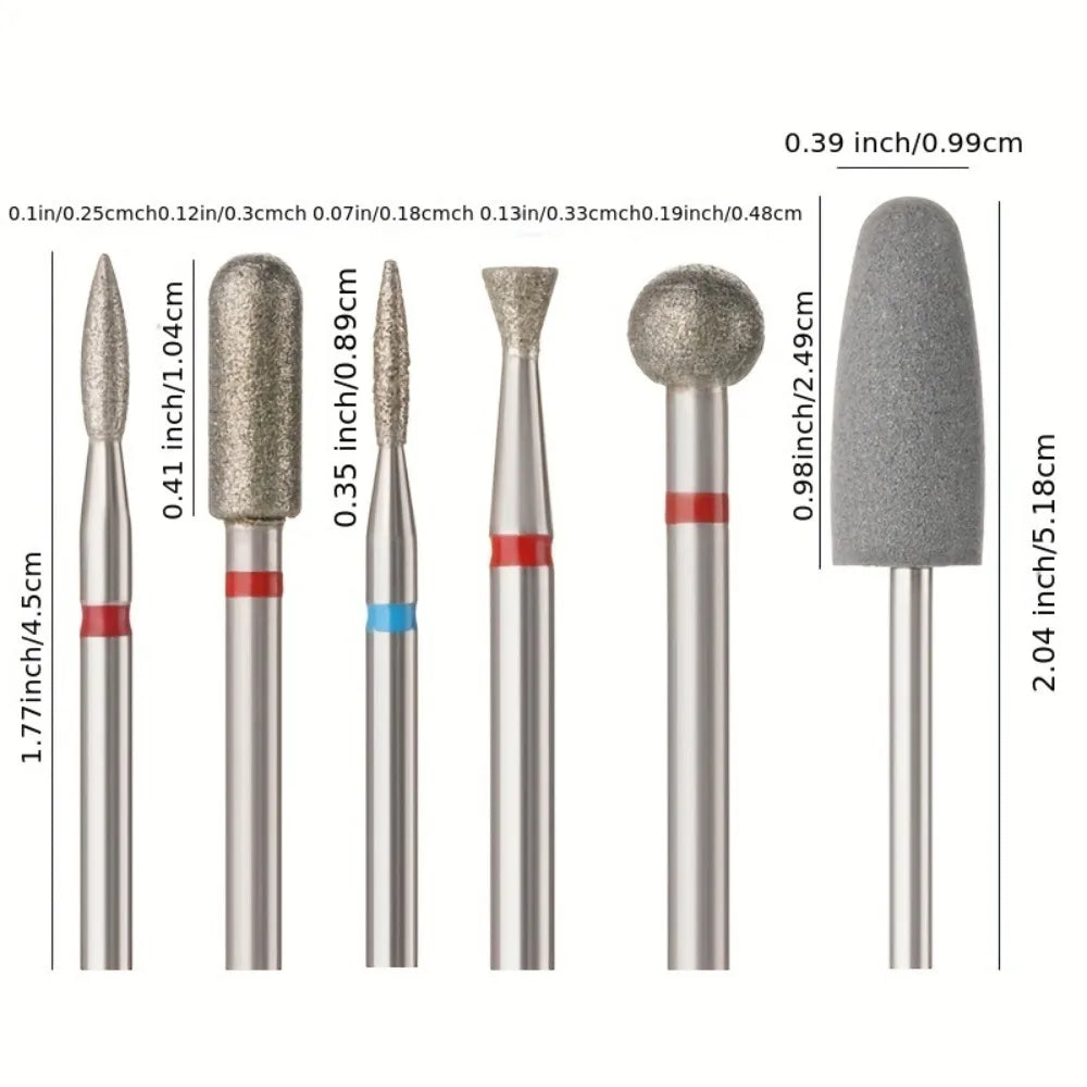 6Pcs Nail Drill Bits Set 3/32" Diamond & Silicone Nail File Bit Nail Grinding Head for Acrylic Gel Nail Removal Cuticle Cleaning