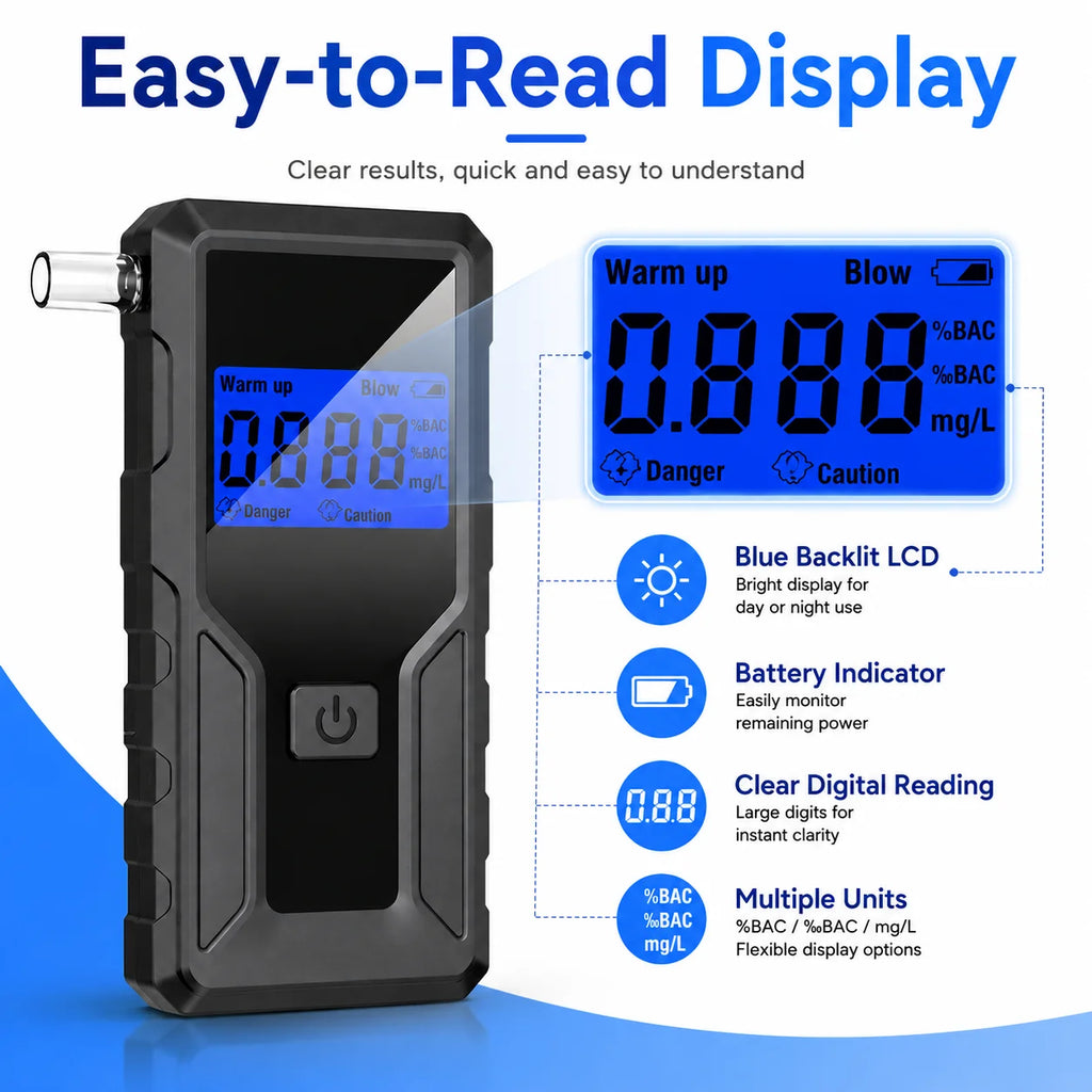 Alcohol Breathalyzer Tester with Digital LCD Display Grade Accuracy Personal Alcohol Tester for Home Use Drunk Driving Analyzer