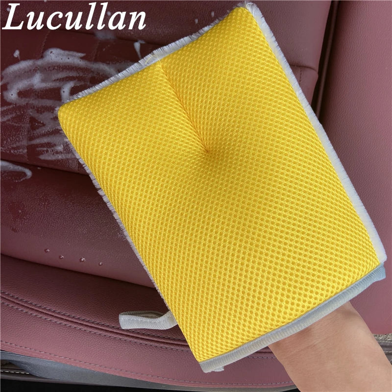 Lucullan Double Side Use Interior Scrubbing Mitt+Microfiber Mesh Fiber For Leather, Plastic,Vinyl,Glass Cleaning