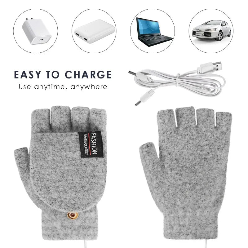 USB Heated Gloves Rechargeable Control Fingerless Warm Thermal Electric Gloves for Winter Outdoor Skiing Camping Hiking Cycling