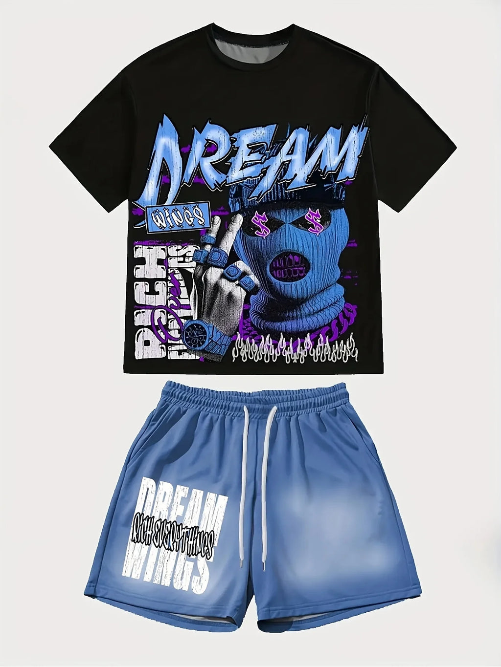 2026 Retro Y2K Ski Mask Graffiti Print Adult Men 2 Piece Tee Shorts Running Sports Casual Tracksuit Set
