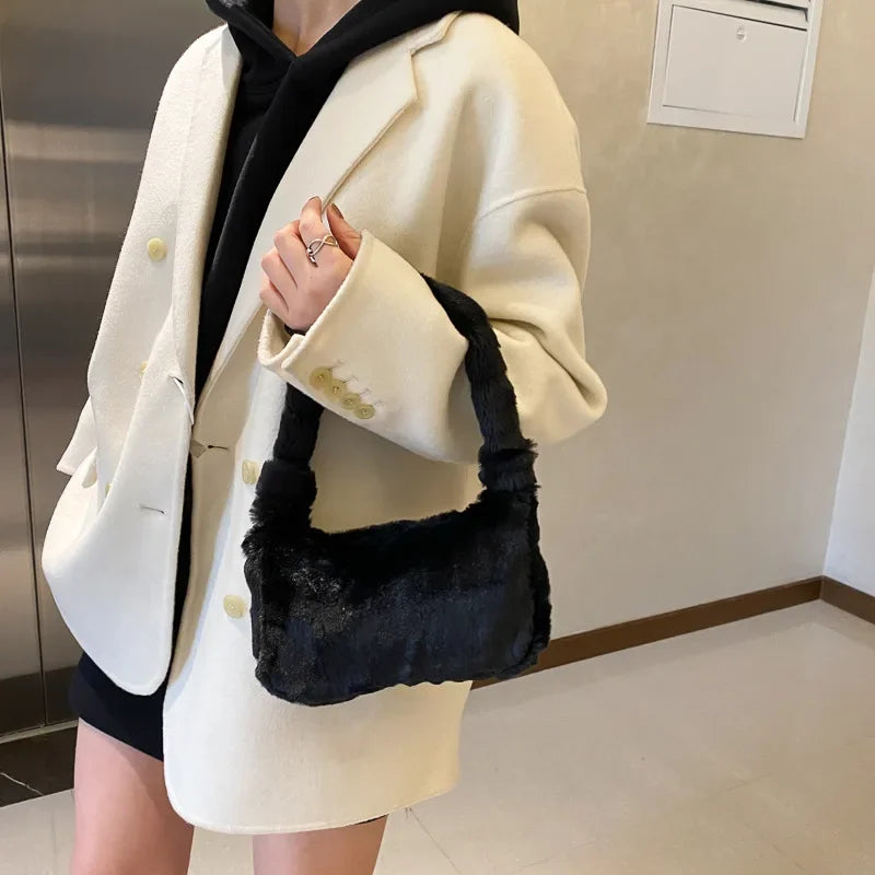 New Fluffy Totes Soft Plush Shoulder Underarm Bag Solid Color Purse Autumn Winter Handbag Women Lady Fashion Storage Pouch