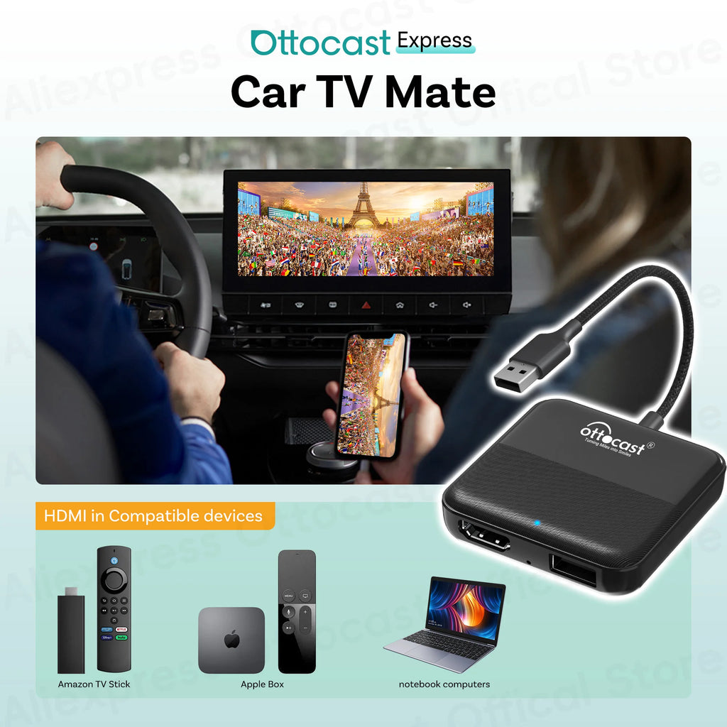 OTTOCAST Express Wireless CarPlay Android Auto Adapter for HDMI Multimedia Video Converter for TV Sticks TV Box Car TV Mate