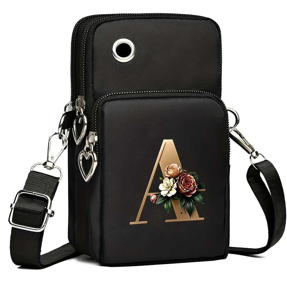 Fashion A-Z Letter Print Women's Crossbody Bag Large Capacity Three-Layer Zipper Phone Bag Daily Travel Coin Purse