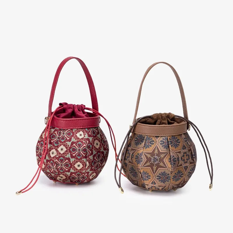 2026 New Vintage Ethnic Printed Drawstring Bucket Bag for Women Fashion Versatile Crossbody Shoulder Small Bag