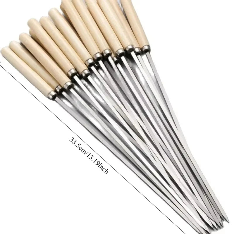 10/15/20 Flat Stainless Steel Skewers with Wooden Handles for Outdoor BBQ, Ideal for Chicken Wings Vegetables BBQ Accessories