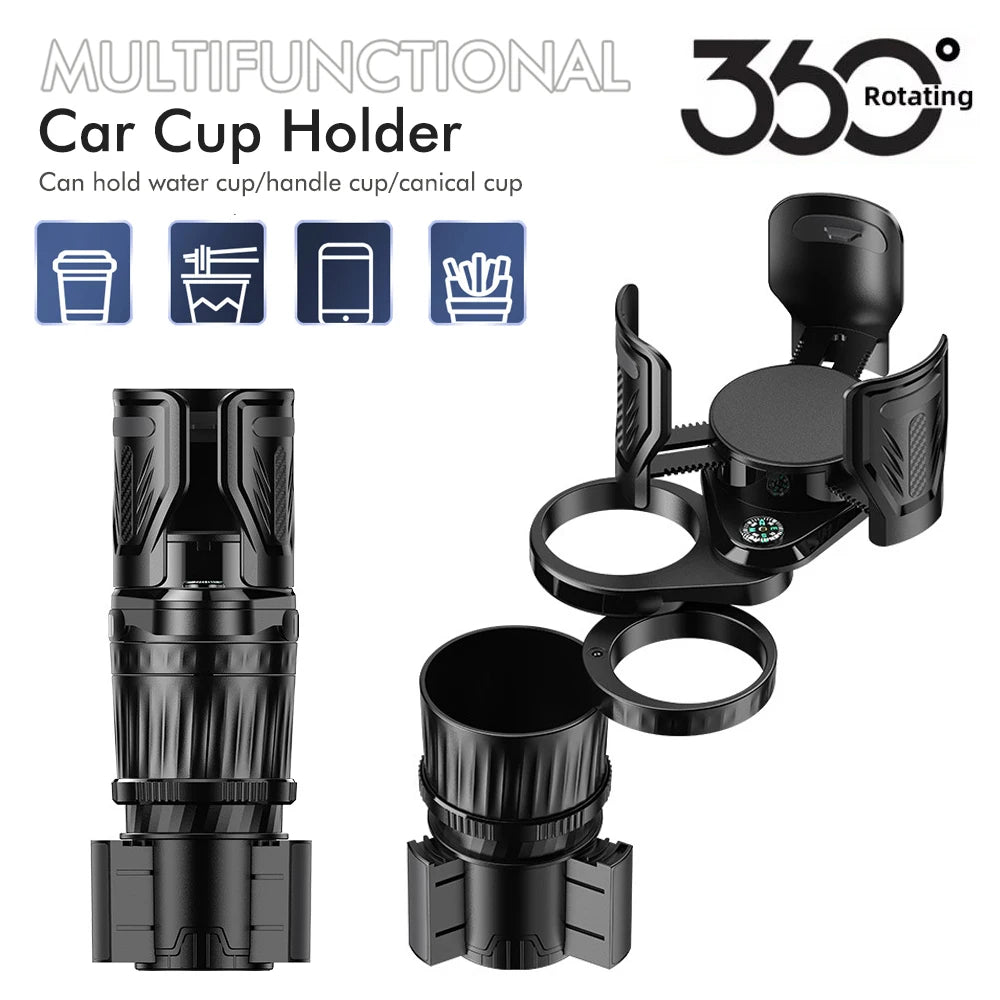 Multi-Functional 4-in-1 Car Cup Holder with Drink Rack and Instant Noodle Holder, Includes Compass, Adjustable and Retractable