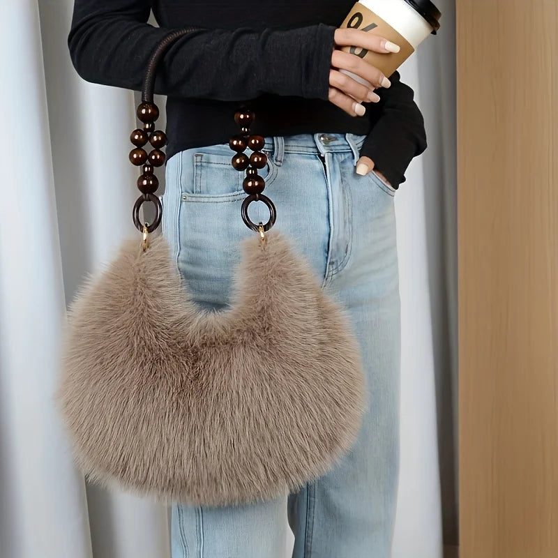 Elegant Plush Tote & Crossbody Bag with Beaded Strap. Zipper Closure, Multiple Colors. Perfect for Daily & Special Events.