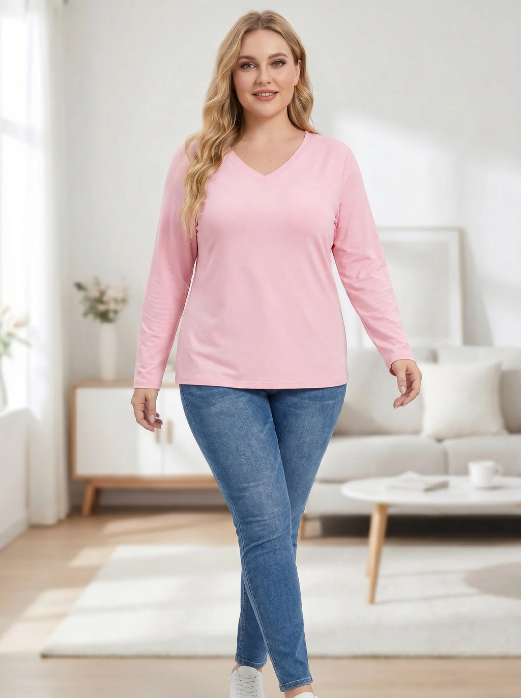 Gadinus Plus Size Women's V Neck Long Sleeve T Shirt Casual Loose Fit Basic Top