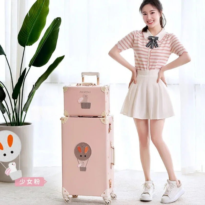 20 "22" 24 "26  Retro Travel Suitcase PU Leather Luggage Set With Wheels Rolling Trolley Case Pink Big Capacity Portable Valise